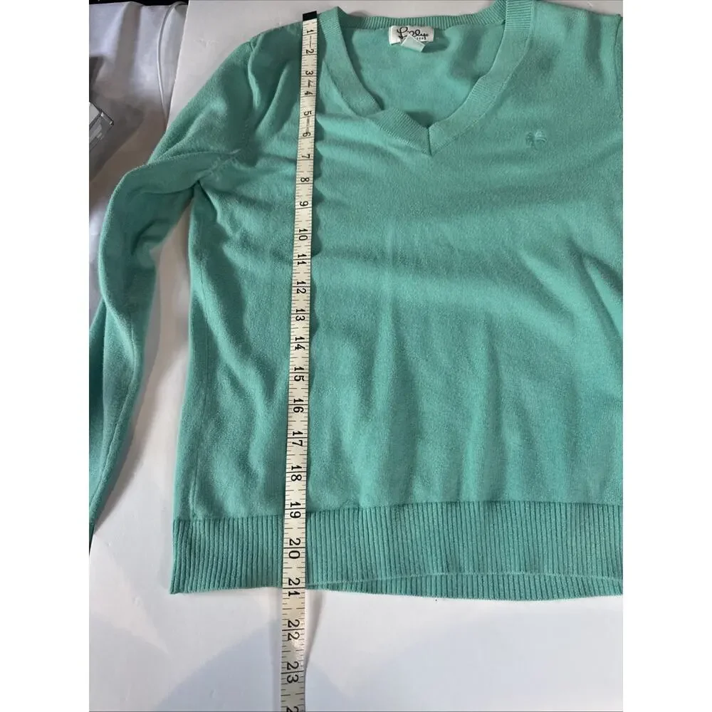 Vintage Lilly Pulitzer Solid Green V-Neck Pullover Sweater‎ Palm Tree Logo Sz XS